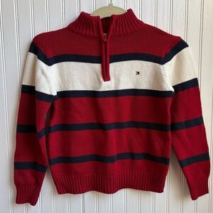 Tommy Hilfiger boys size 5 red striped sweater Quarter zip w/ navy & white